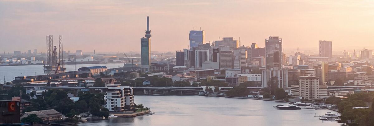 Lagos city centre skyline at dusk from above
